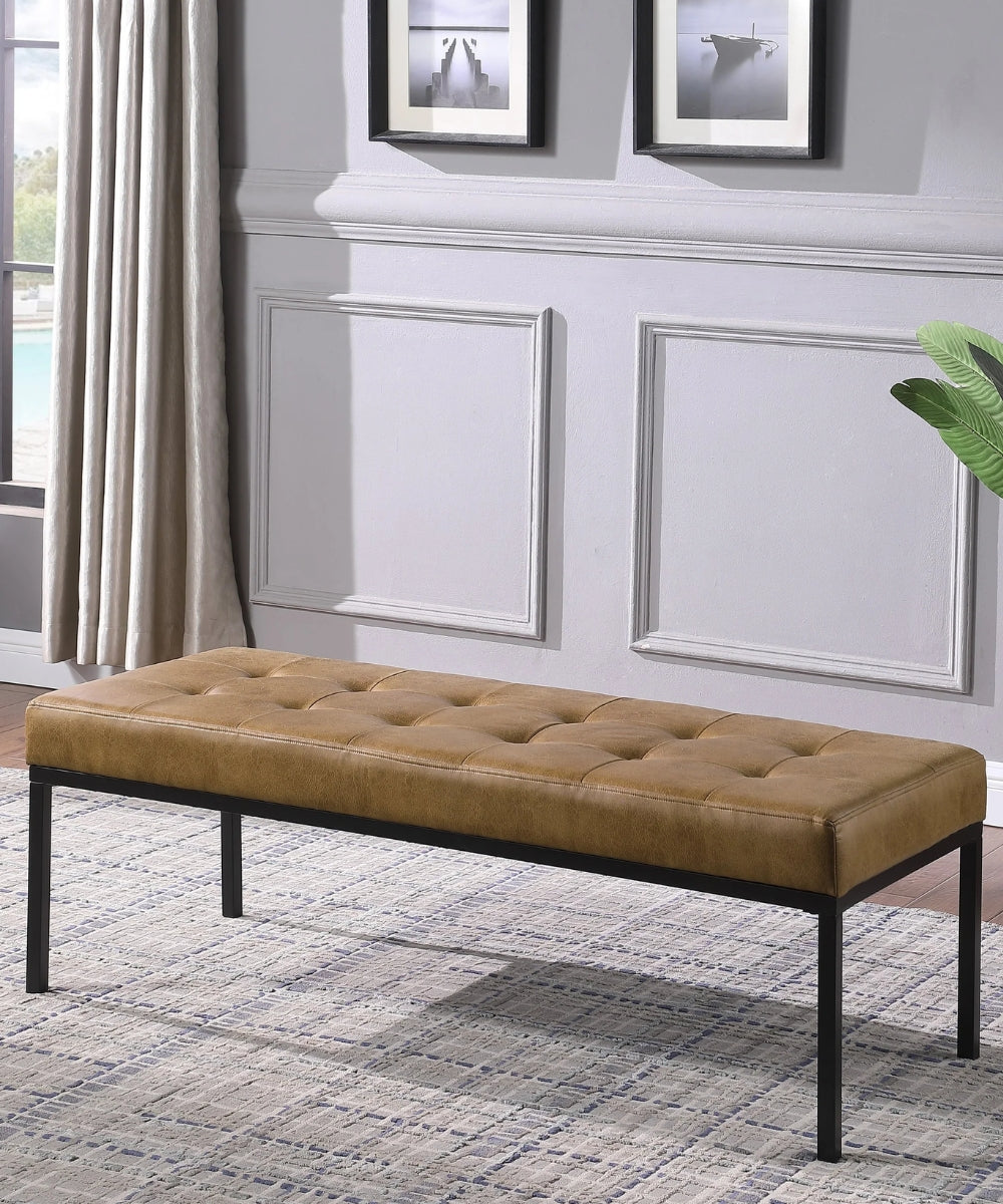 Tufted Metal Bench - Light Brown Faux Leather