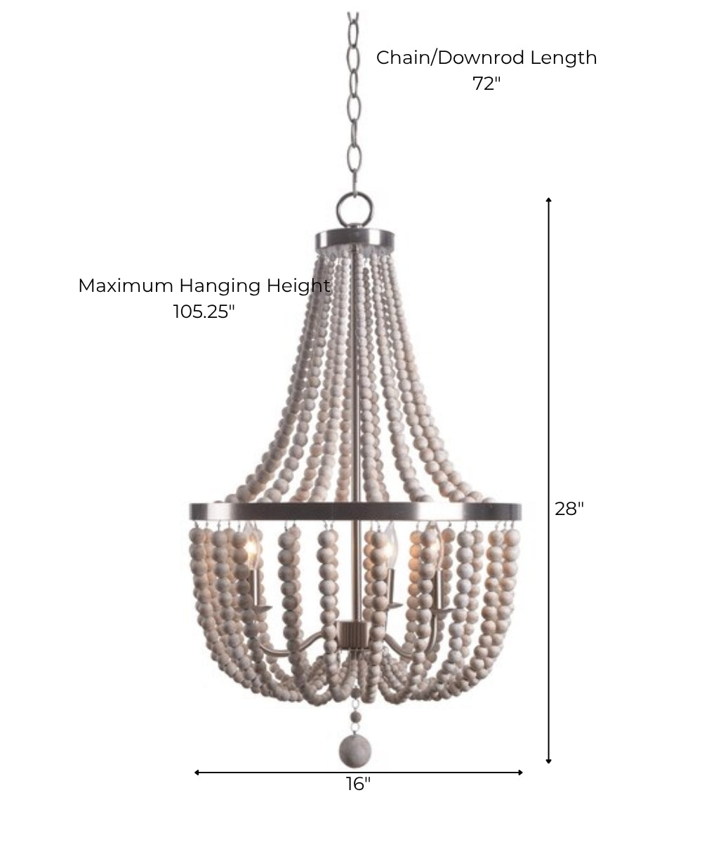 Dumas 16"W 3-Light Brushed Steel Finish Weathered White Wood Bead Chandelier by KenroyHome