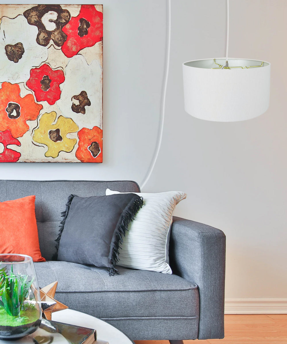 16"W 1 Light Swag Plug-In Pendant  White Linen Drum Shade White Cord
