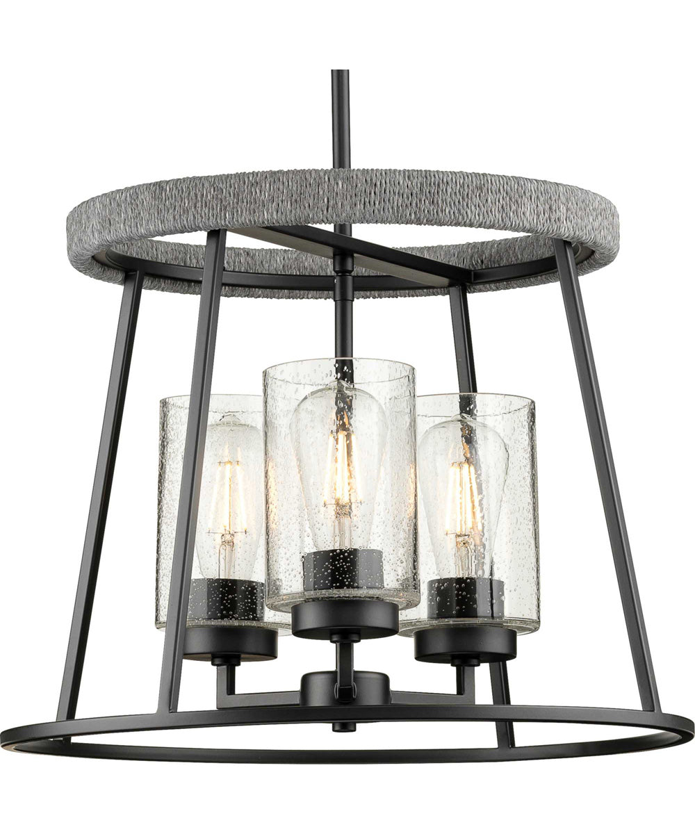 Laramie 3-Light Rustic Modern Clear Seeded Glass Chandelier Matte Black