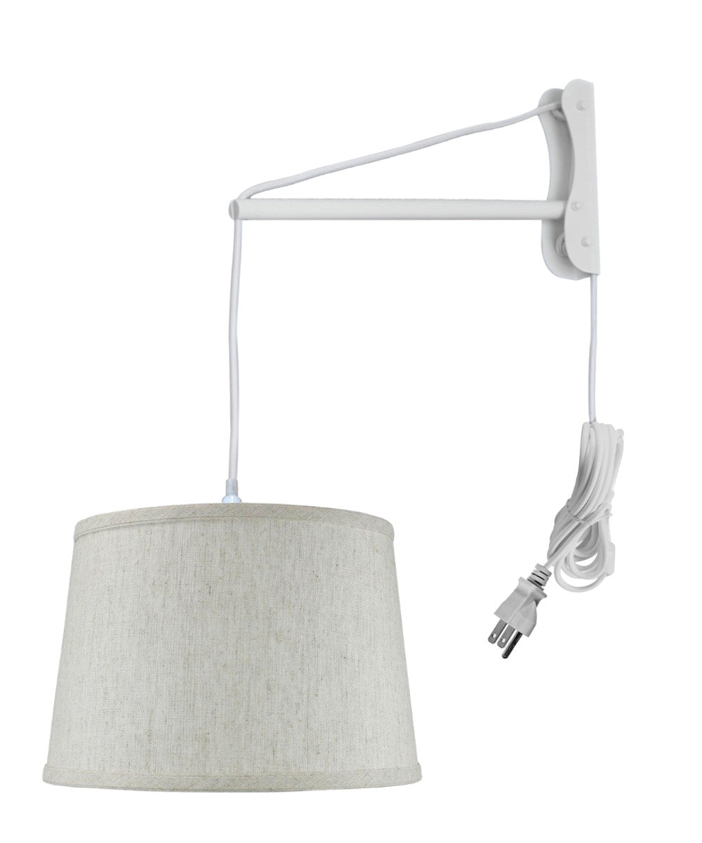 16"W MAST Plug-In Wall Mount Pendant 1 Light White Cord/Arm Shallow Drum Textured Oatmeal