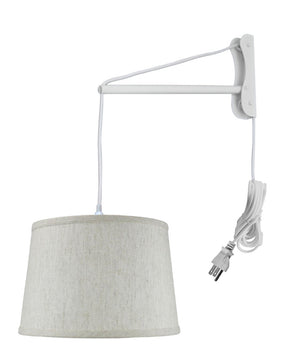 16"W MAST Plug-In Wall Mount Pendant 1 Light White Cord/Arm Shallow Drum Textured Oatmeal