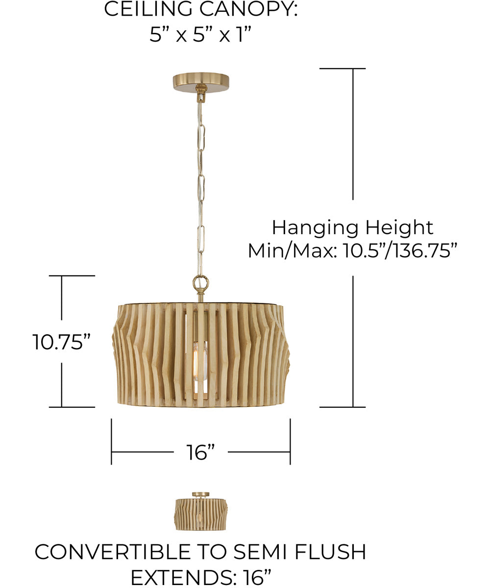 Archer 1-Light Semi-Flush Blonde Wood and Matte Brass