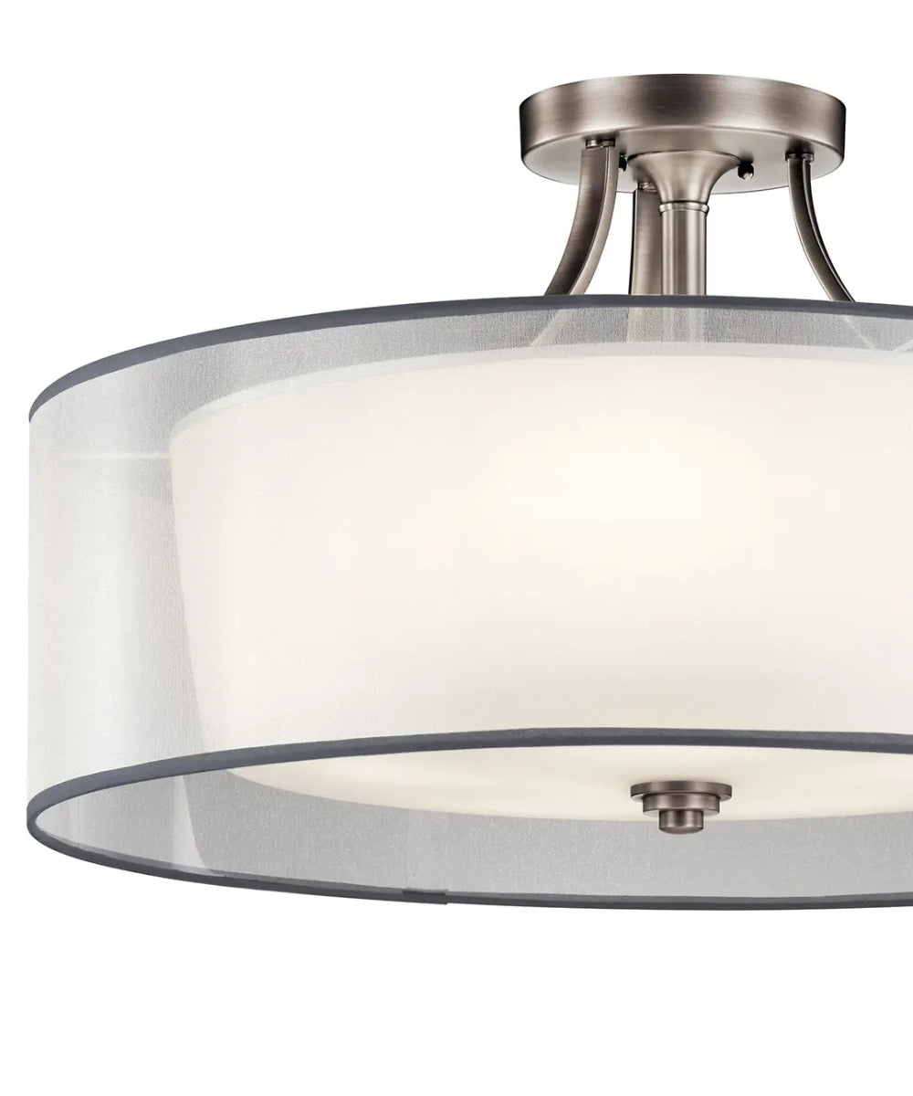 28"w Lacey 5-Light Semi Flush Ceiling Light Antique Pewter with White Organza and Satin-Etched Glass Shade