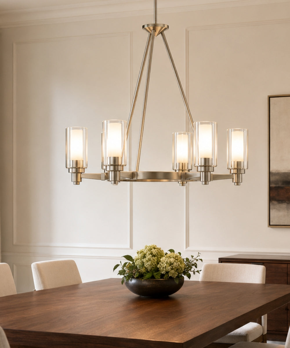 26"w Circolo 6-Light Circular Chandelier Light Brushed Nickel Finish, Clear Etched Glass Shades