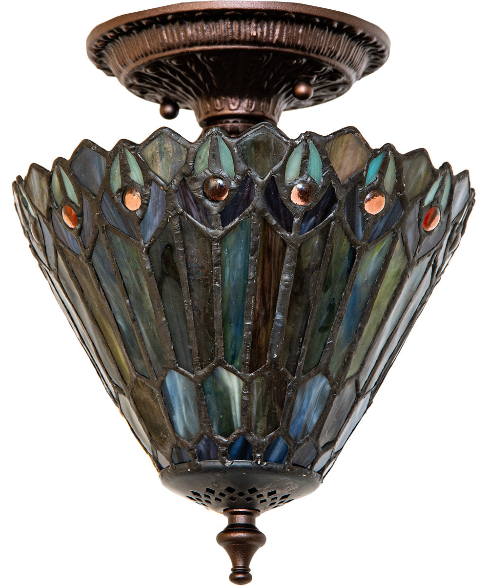 8" Wide Tiffany Jeweled Peacock Flush Mount