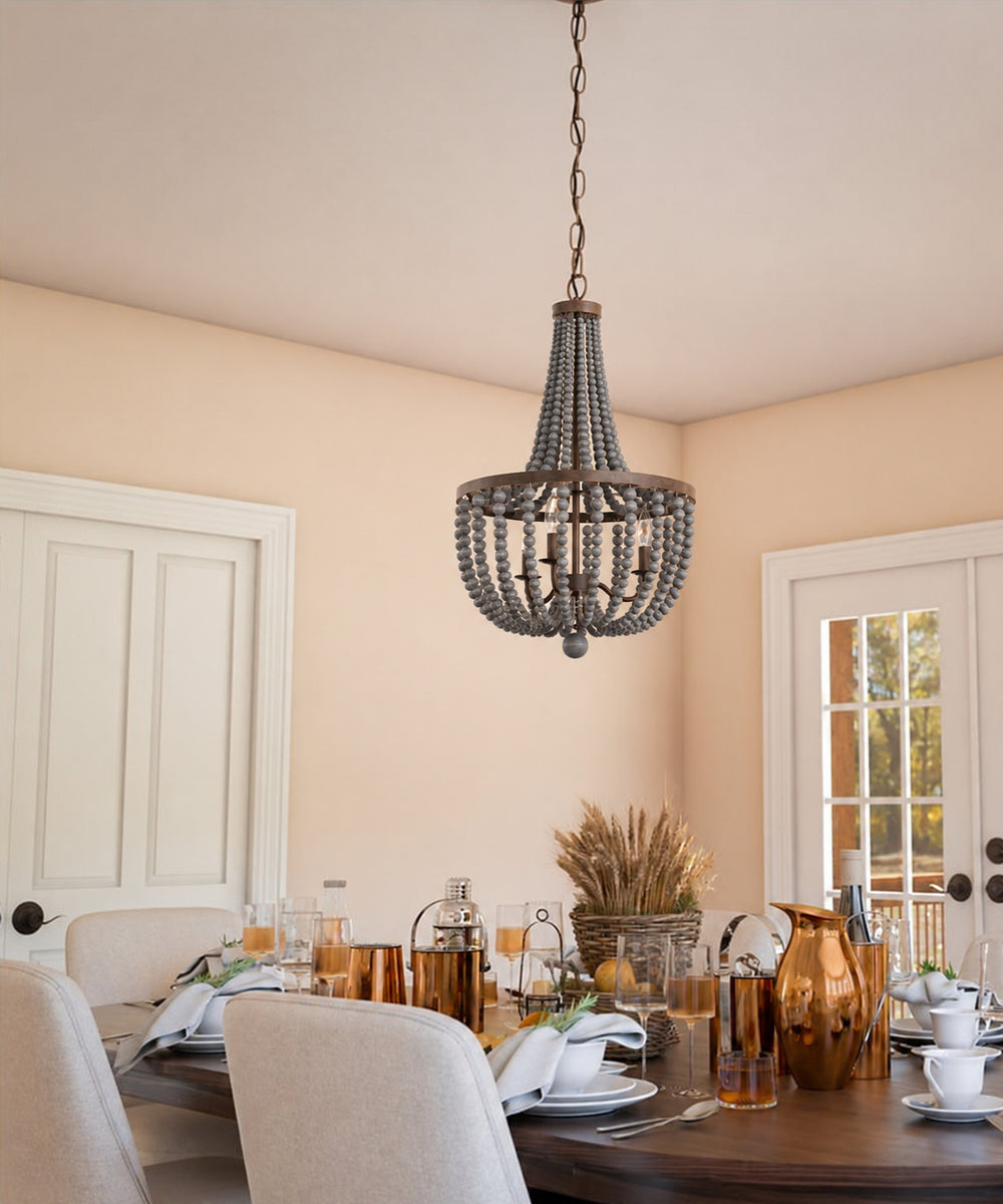 Dumas 16"W 3-Light Golden Bronze Finish Distressed Gray Wood Bead Chandelier by KenroyHome