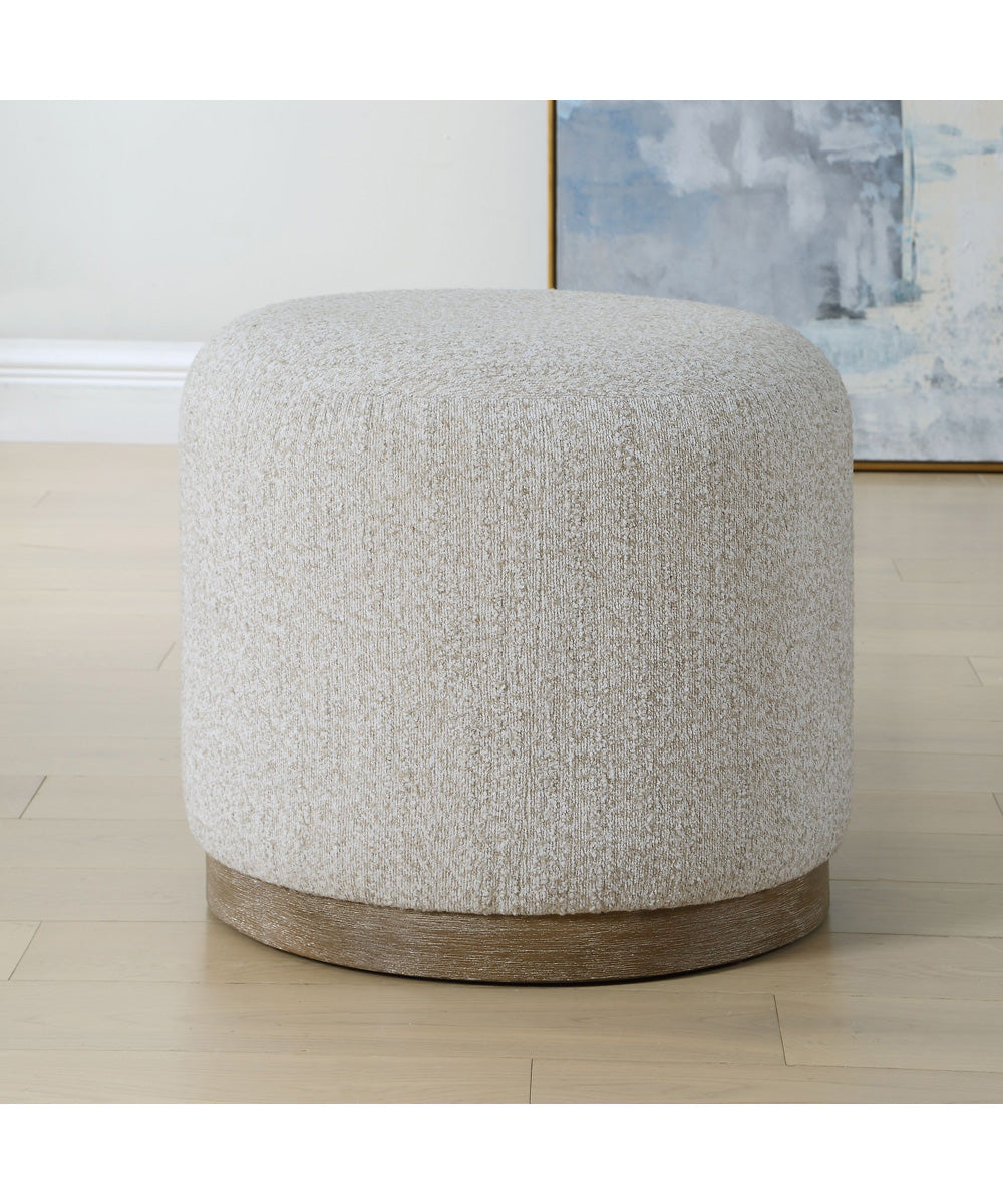 Round Upholstered Stool with Handcrafted Wood Base in Warm Brown