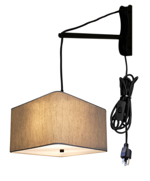 MAST Plug In Wall Mount Pendant, 2 Light Black Cord/Arm with Diffuser, Rounded Corner Square Oatmeal Drum Shade, 12"W