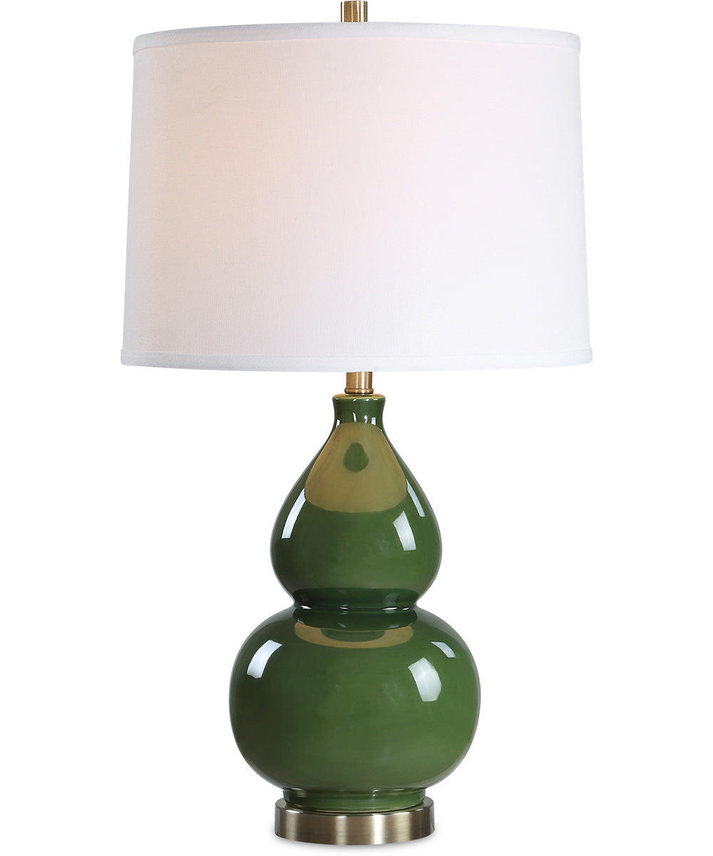 Ceramic Gourd Table Lamp with Dark Green Glaze with White Linen