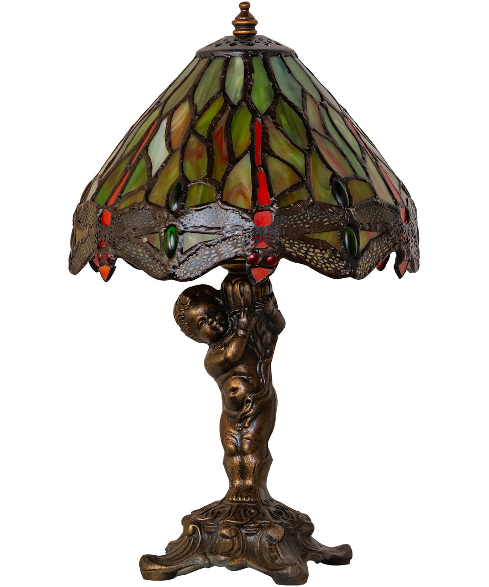 12" High Tiffany Hanginghead Dragonfly Cherub Accent Lamp