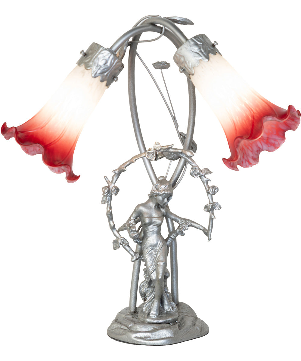 16" High Pink/White Tiffany Pond Lily 2 Light Trellis Girl Accent Lamp