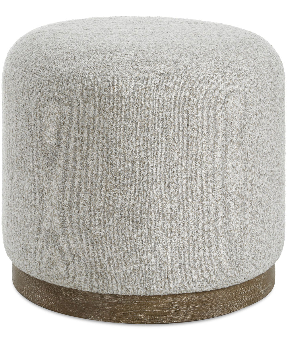 Round Upholstered Stool with Handcrafted Wood Base in Warm Brown