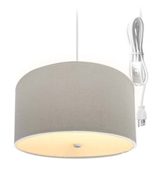 2 Light Swag Plug-In Pendant 16"w Light Oatmeal Linen Drum with Diffuser, White Cord