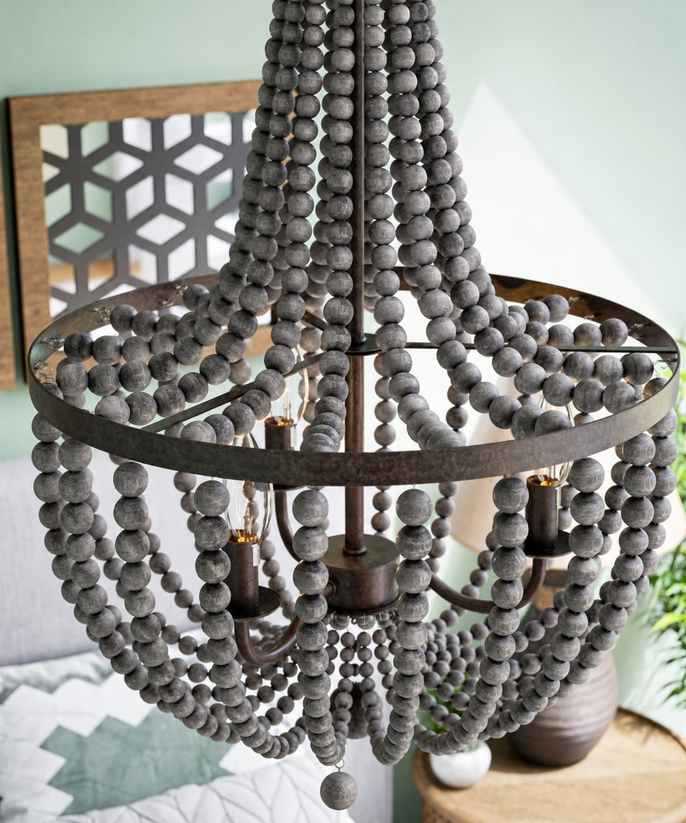 Dumas 16"W 3-Light Golden Bronze Finish Distressed Gray Wood Bead Chandelier by KenroyHome