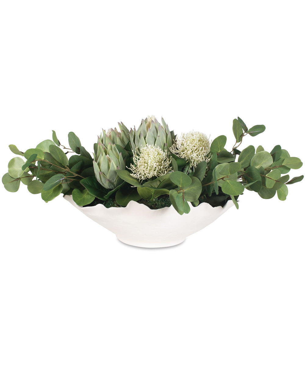 Protea Blooms White Bowl Centerpiece