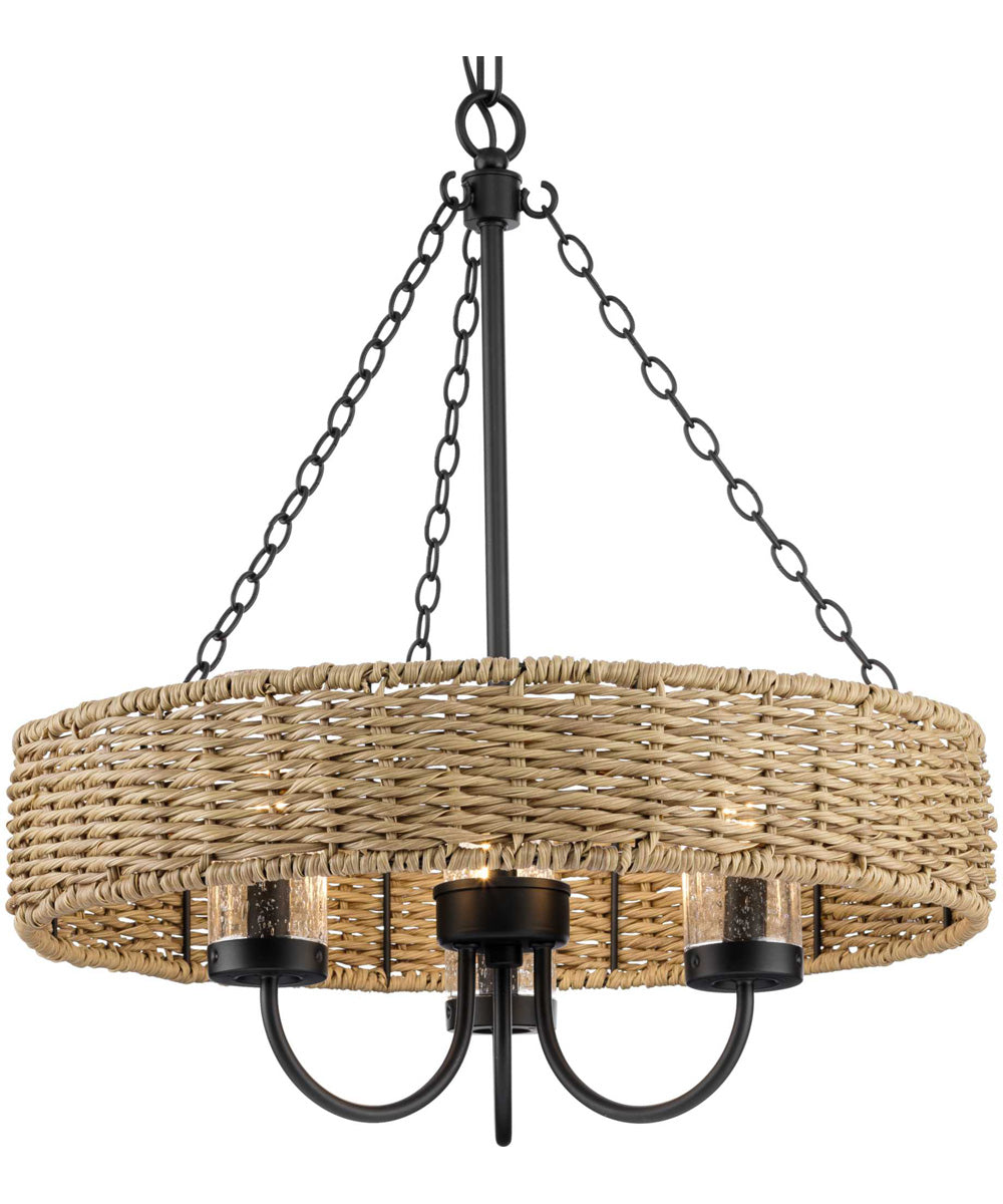 Pembroke 3-Light 21.5" Coastal Outdoor Pendant with Mocha Rattan Accents Seeded Glass Shade Matte Black
