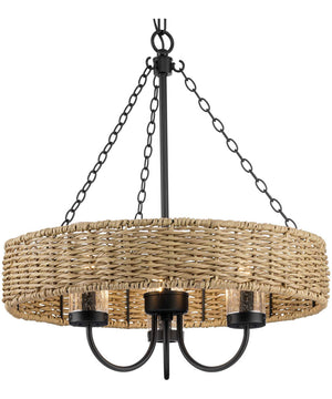 Pembroke 3-Light 21.5" Coastal Outdoor Pendant with Mocha Rattan Accents Seeded Glass Shade Matte Black