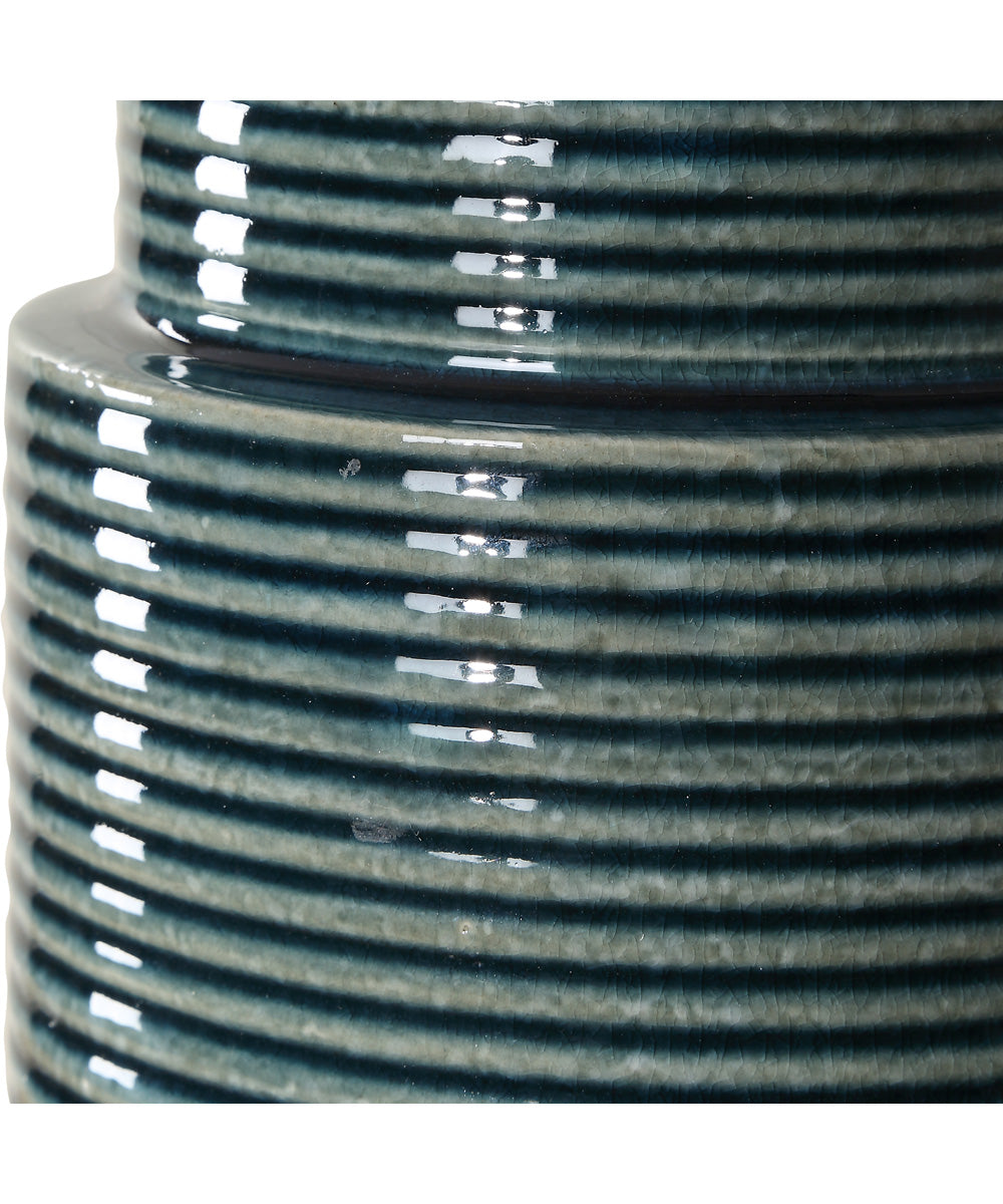 Ceramic Table Lamp in Ribbed Teal and White Linen