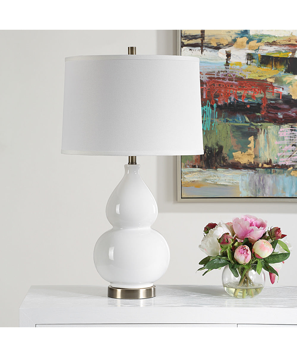 Ceramic Gourd Table Lamp in White with White Linen