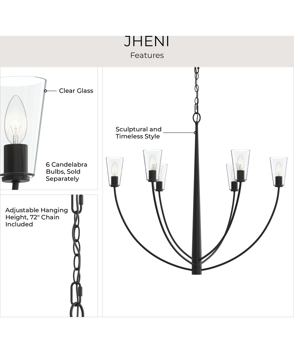 Jheni 6-Light Large Chandelier with Clear Glass Shades Matte Black