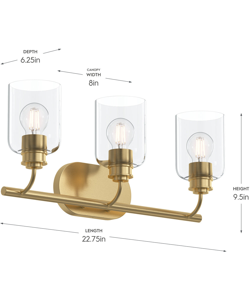 Reines 3-Light Bath Vanity with Clear Glass Shades Brushed Gold