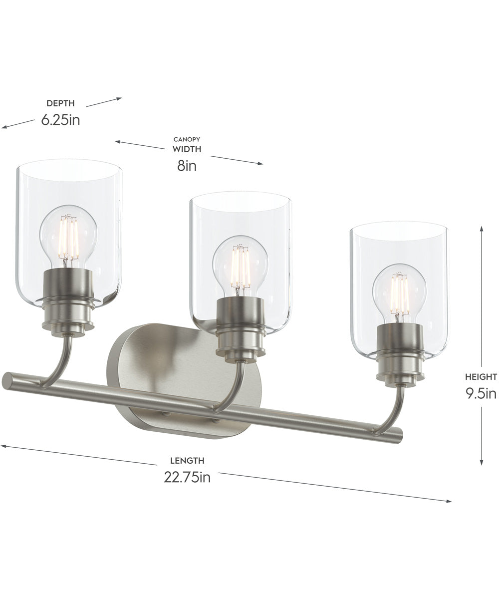 Reines 3-Light Bath Vanity with Clear Glass Shades Brushed Nickel