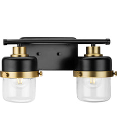 Beckner 2-Light Clear Glass Urban Industrial Bath Light with Vintage Brass Accents Matte Black