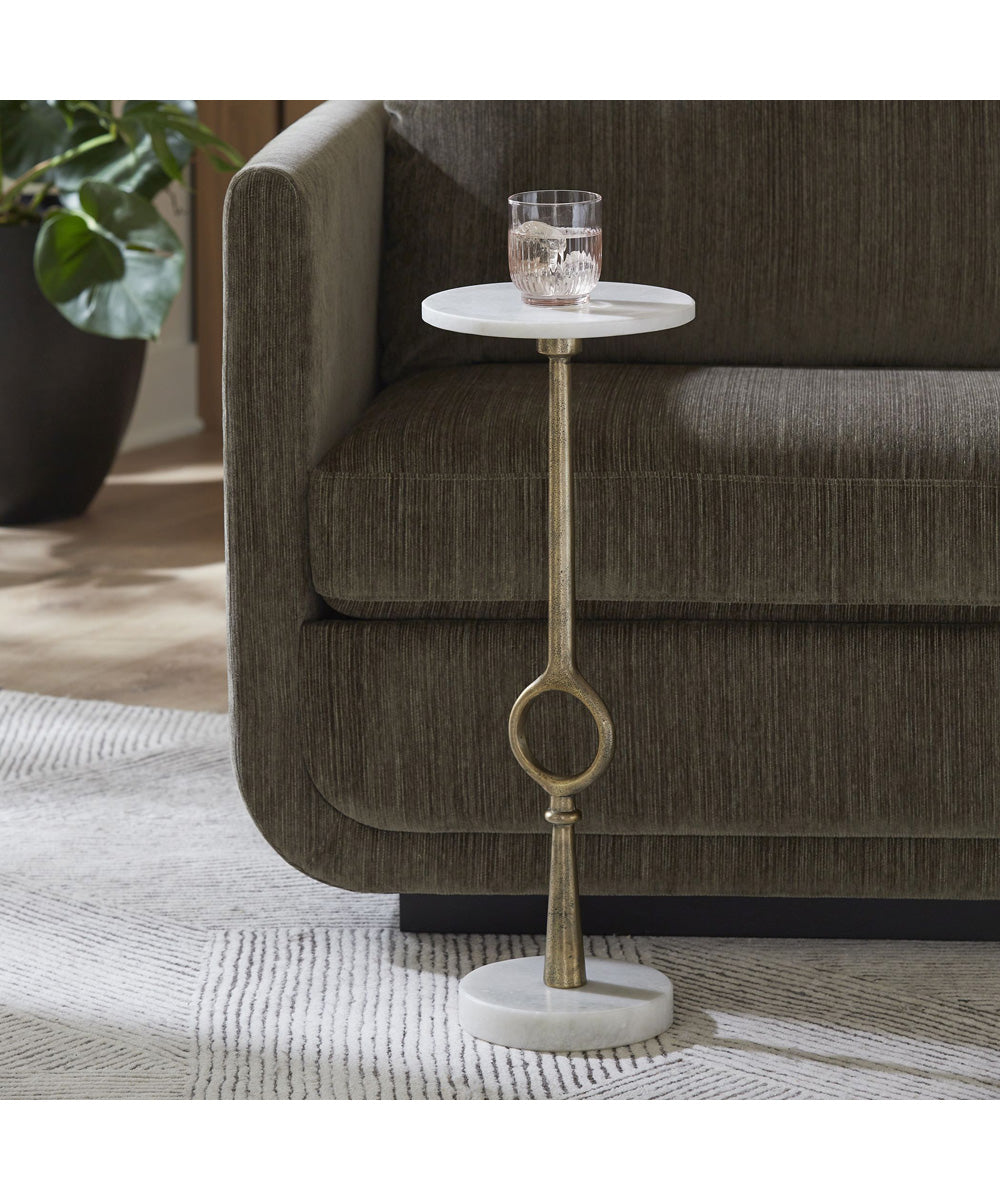Accent Table with Sculptural Ring Detail in Antique Brass and White Marble