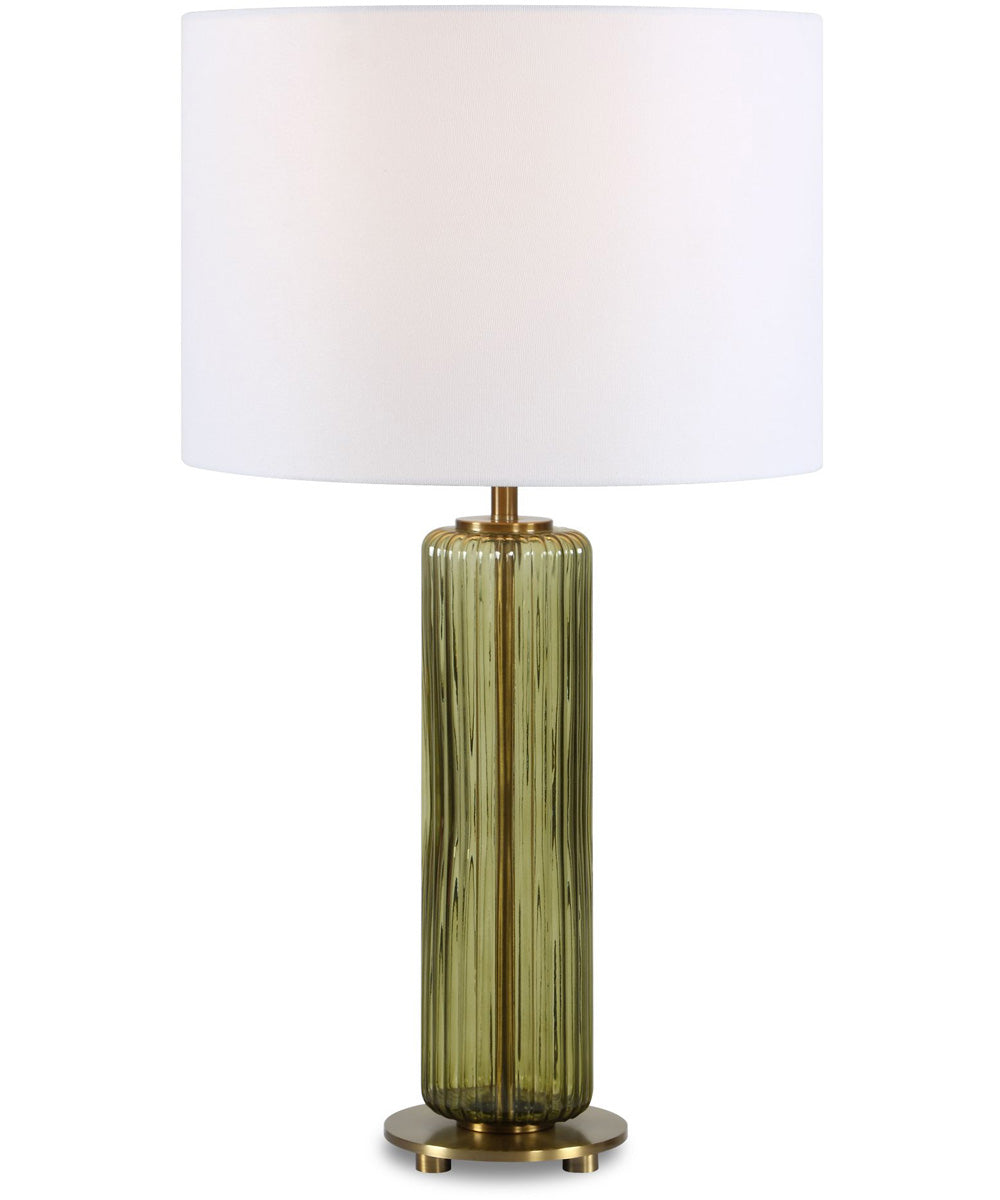 Table Lamp with Transparent Olive Green Glsas and Brass Plated Accents