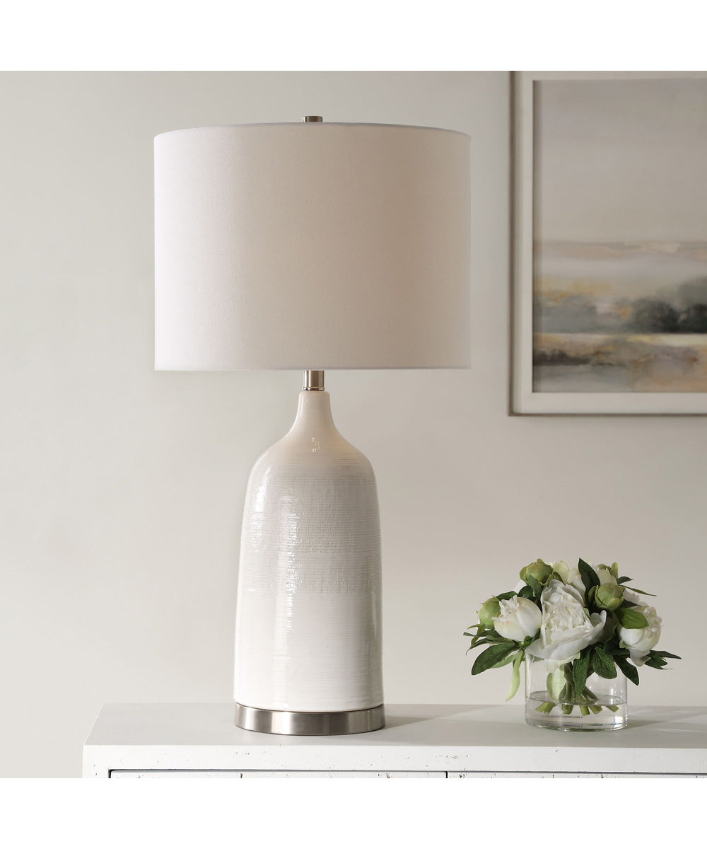 Ceramic Table Lamp in Distressed White Glaze and White Fabric