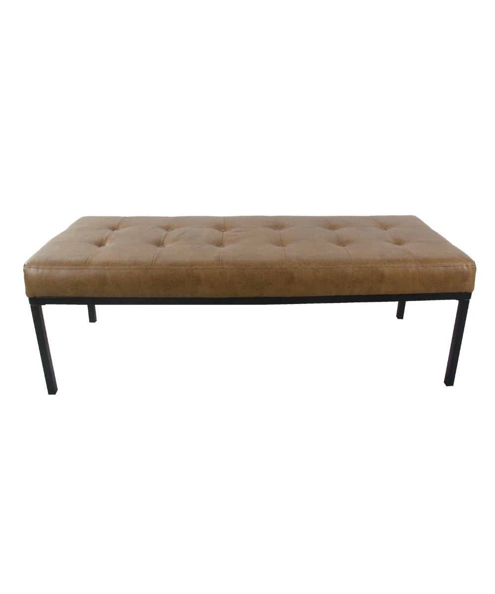 Tufted Metal Bench - Light Brown Faux Leather