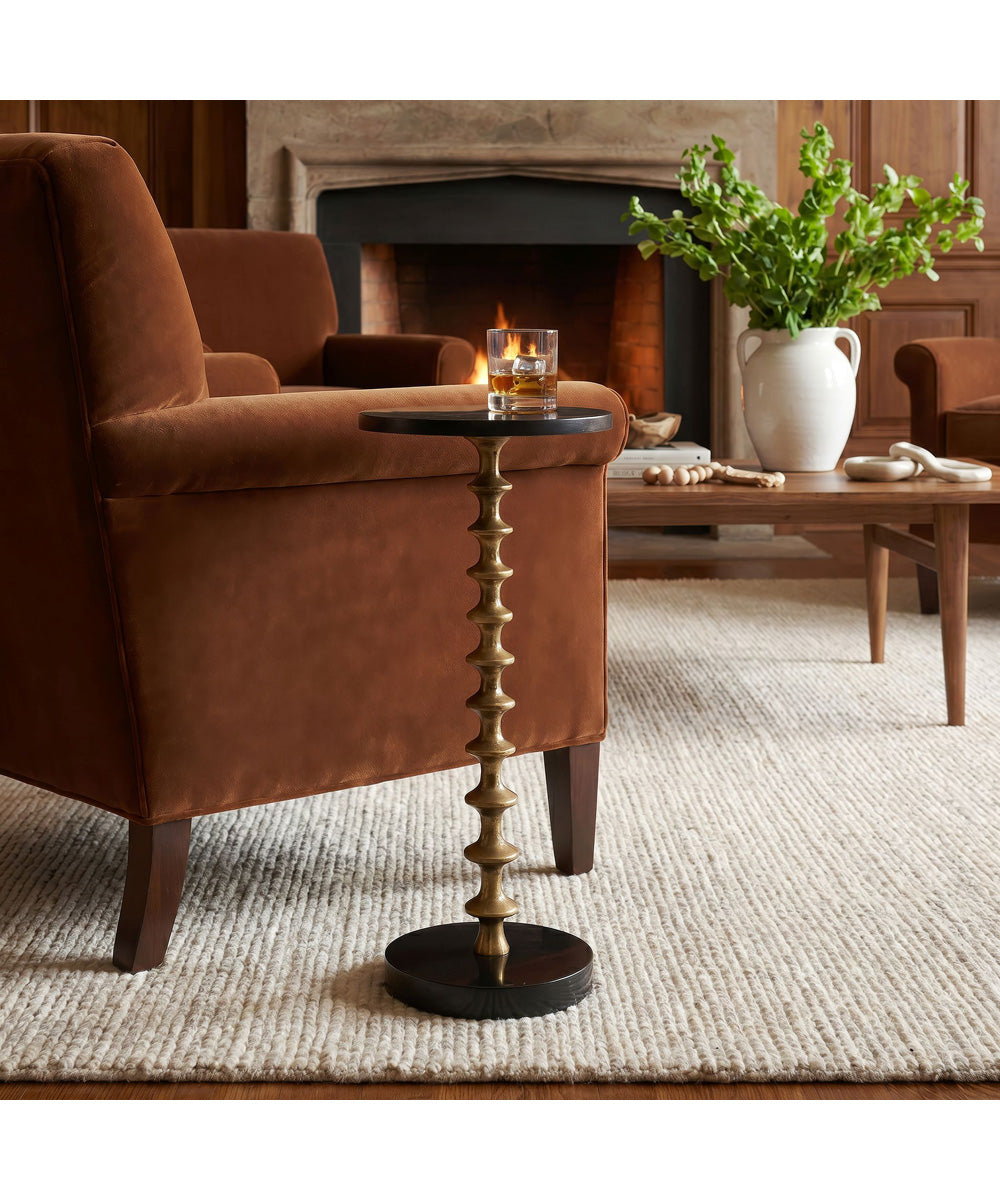 Accent Table with Sculptural Pedestal in Antique Brass and Black Marble