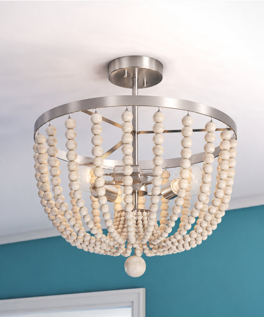 Dumas 16"W 3-Light Brushed Steel Finish Weathered White Wood Bead Semi Flush by KenroyHome