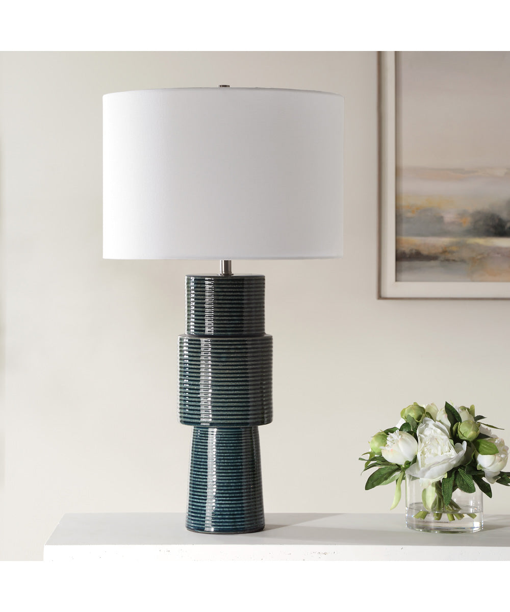 Ceramic Table Lamp in Ribbed Teal and White Linen