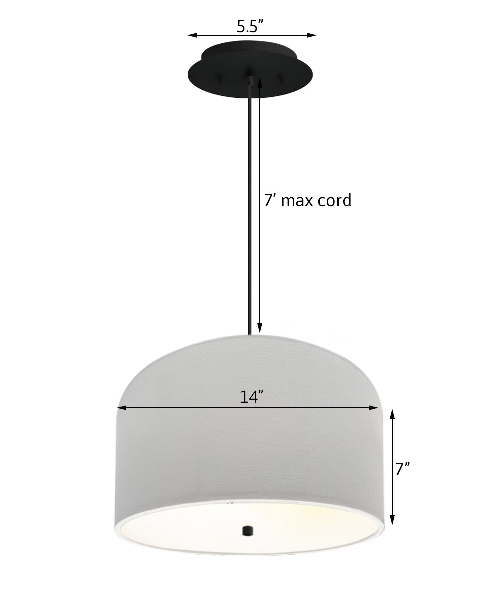 14" W 2 Light Pendant White Shade with Diffuser, Black Cord