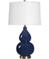 Ceramic Gourd Table Lamp in Navy Blue and White Linen