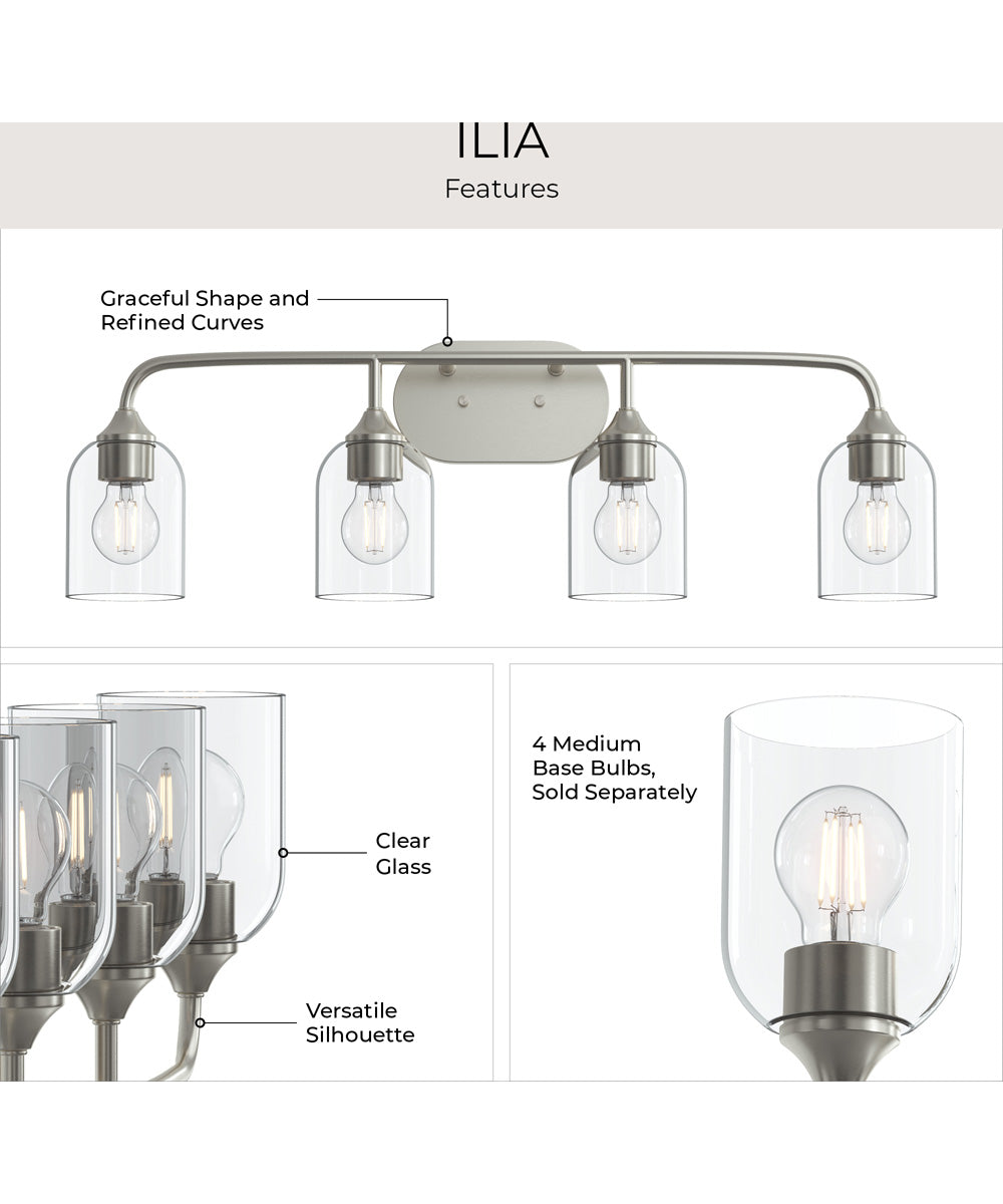 Ilia 4-Light Bath Vanity with Clear Glass Shade Brushed Nickel