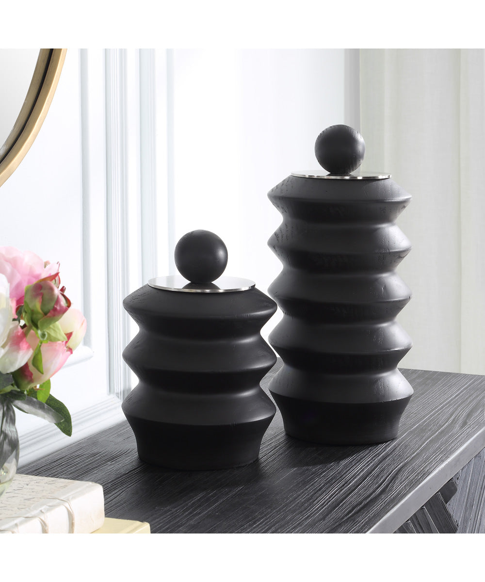 Accordion Black Wood Containers, Set of 2