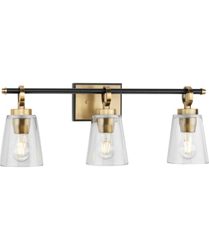 Cassell 3-Light Matte Black Luxe Industrial Bath & Vanity Light Vintage Brass
