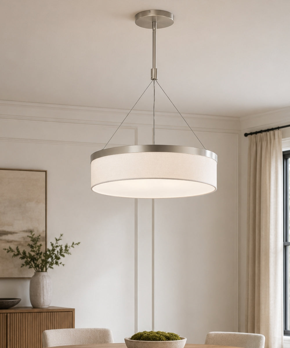 18"w Mercel 3-Light Modern Drum LED Pendant Satin Nickel Finish with White Linen Shade