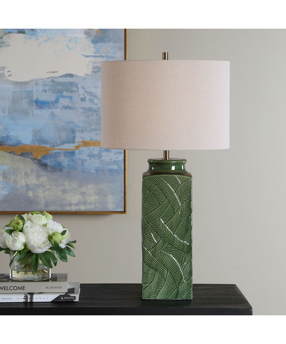 1-Light Table Lamp with Raised Leaf Ceramic in Glossy Green