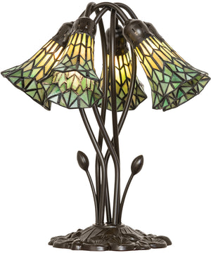 16" High Stained Tiffany Glass Pond Lily 5 Light Table Lamp Amber/Green