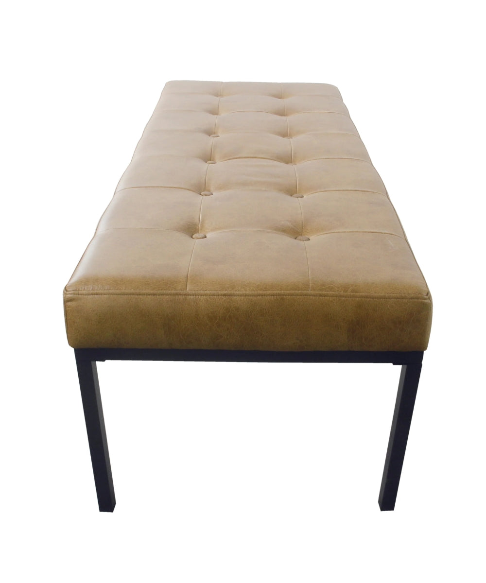 Tufted Metal Bench - Light Brown Faux Leather