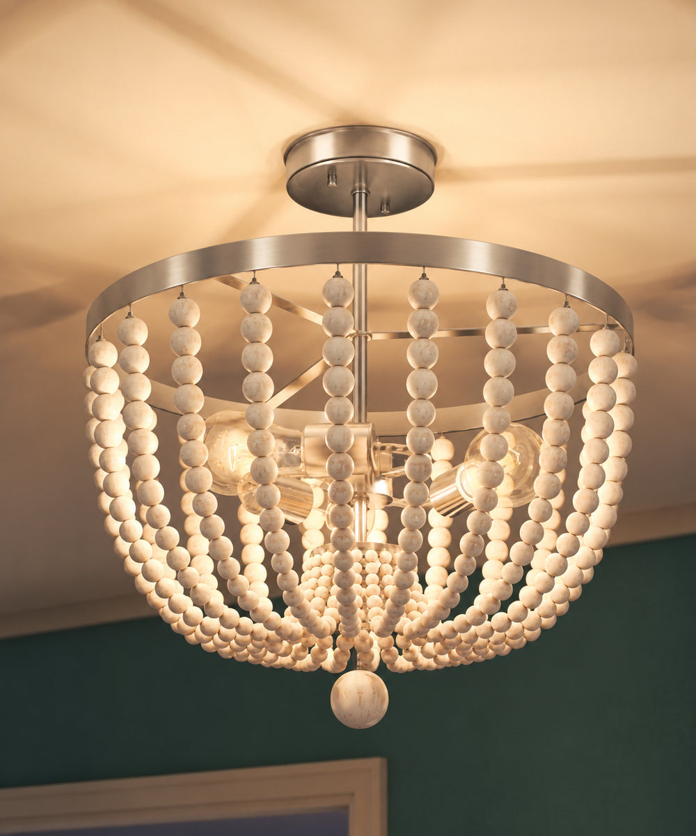 Dumas 16"W 3-Light Brushed Steel Finish Weathered White Wood Bead Semi Flush by KenroyHome