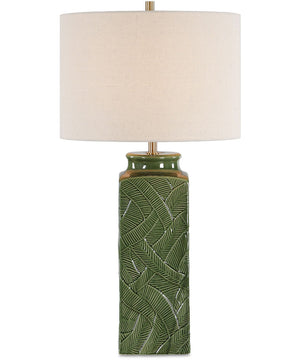 1-Light Table Lamp with Raised Leaf Ceramic in Glossy Green