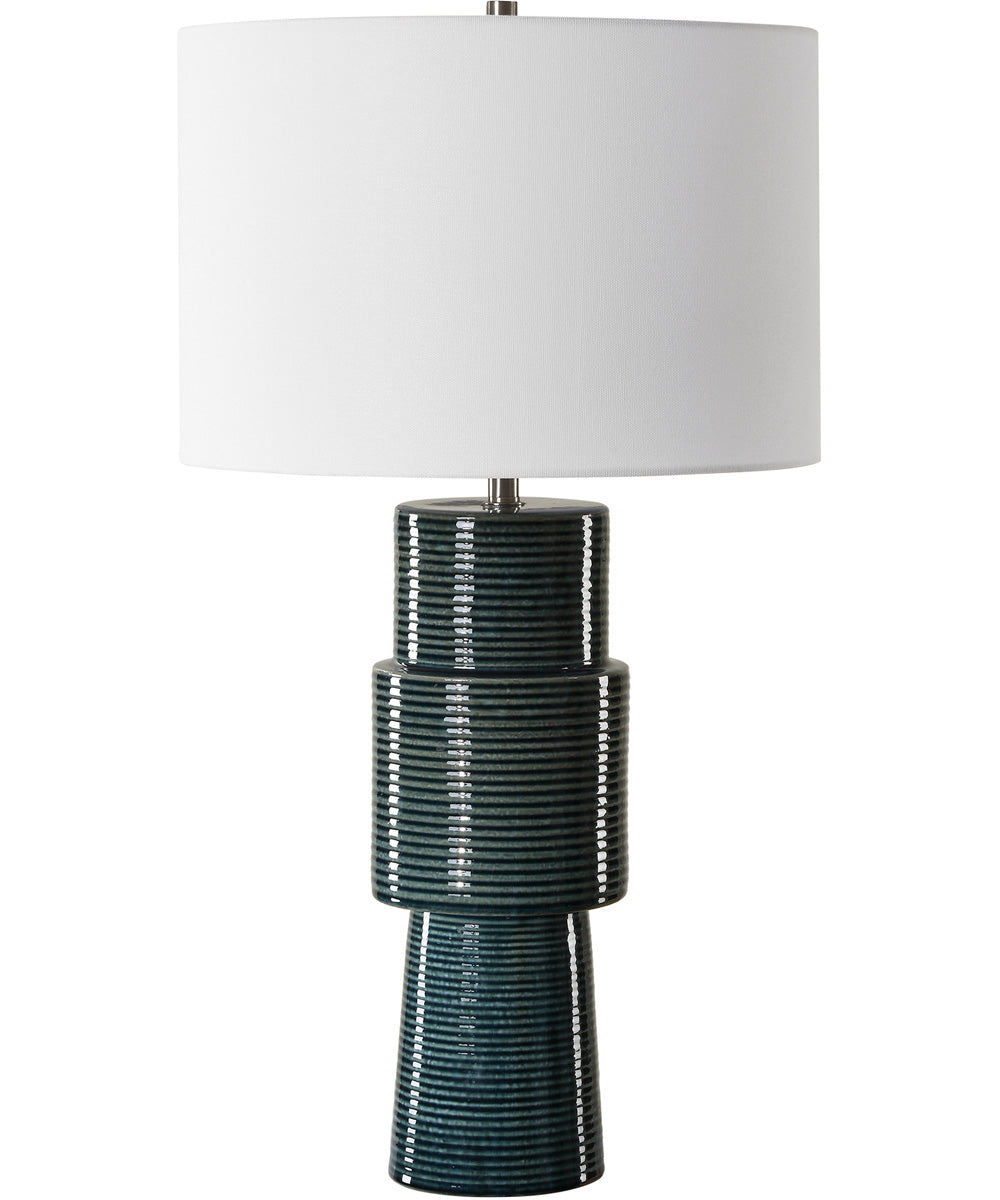 Ceramic Table Lamp in Ribbed Teal and White Linen