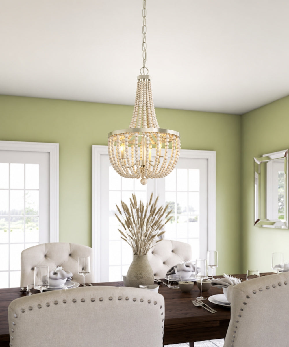 Dumas 22"W 5-Light Brushed Steel Finish Weathered White Wood Bead Chandelier by KenroyHome