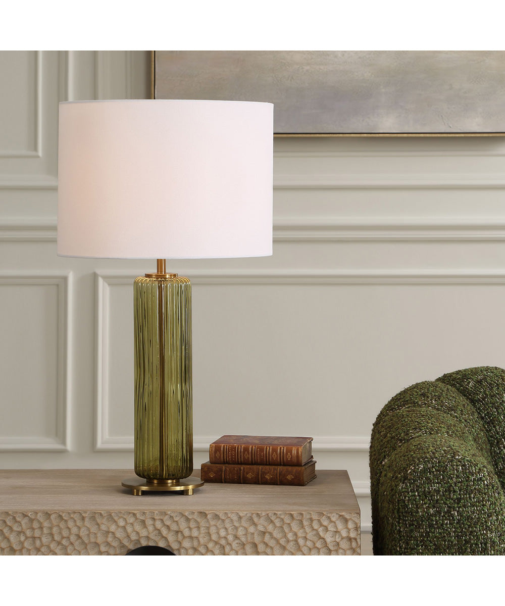 Table Lamp with Transparent Olive Green Glsas and Brass Plated Accents