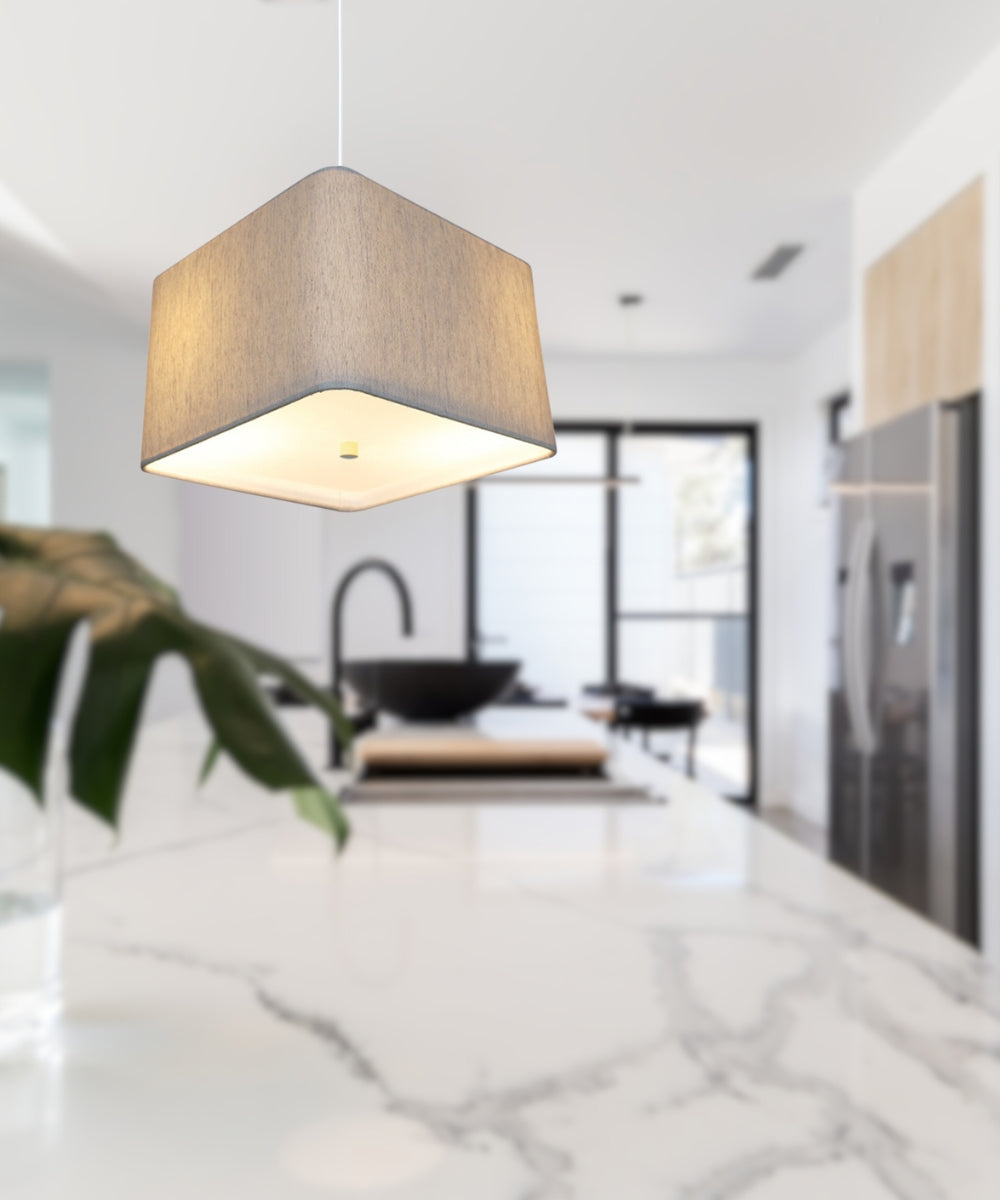 14" W 2 Light Pendant Rounded Corner Square Oatmeal Drum Shade with Diffuser, White Cord